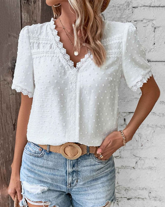 Swiss Dot Lace Trim Blouse – Boho V-Neck Short Sleeve Top
