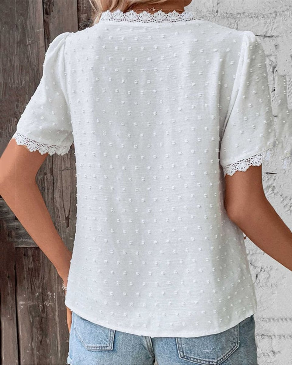 Swiss Dot Lace Trim Blouse – Boho V-Neck Short Sleeve Top
