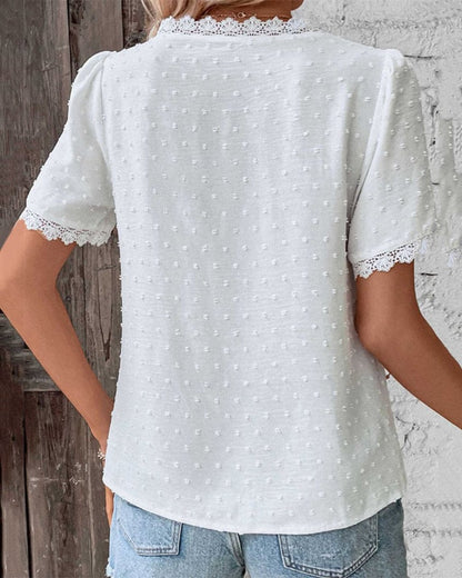 Swiss Dot Lace Trim Blouse – Boho V-Neck Short Sleeve Top