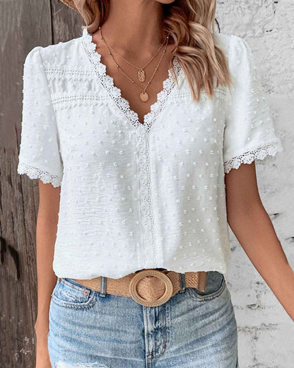 Swiss Dot Lace Trim Blouse – Boho V-Neck Short Sleeve Top