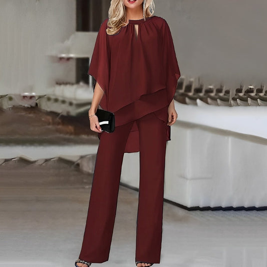 Chiffon Layered Two-Piece Set – Batwing Top Wide-Leg Pants