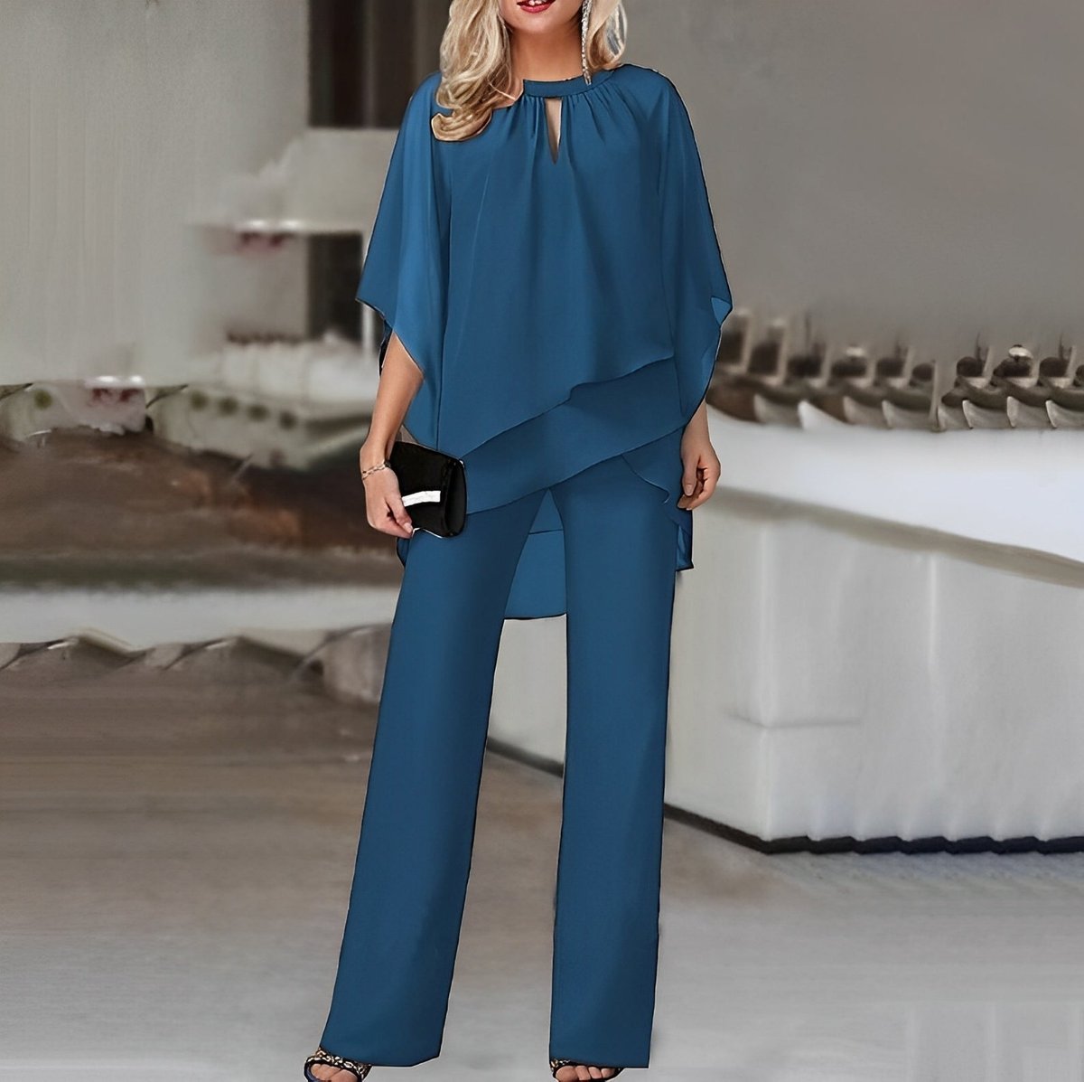 Chiffon Layered Two-Piece Set – Batwing Top Wide-Leg Pants
