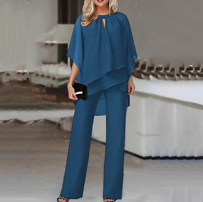 Chiffon Layered Two-Piece Set – Batwing Top Wide-Leg Pants