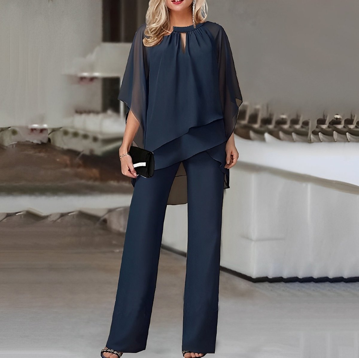 Chiffon Layered Two-Piece Set – Batwing Top Wide-Leg Pants