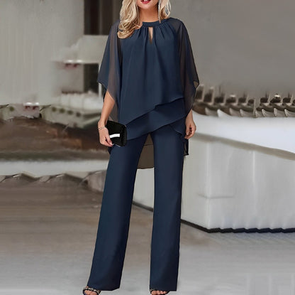 Chiffon Layered Two-Piece Set – Batwing Top Wide-Leg Pants