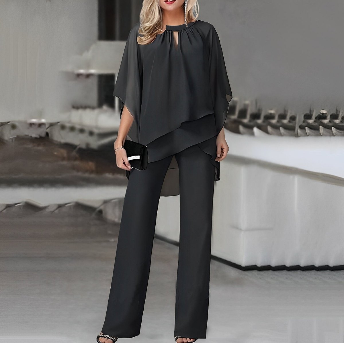 Chiffon Layered Two-Piece Set – Batwing Top Wide-Leg Pants