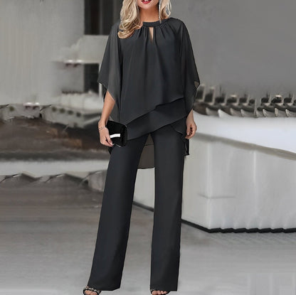 Chiffon Layered Two-Piece Set – Batwing Top Wide-Leg Pants