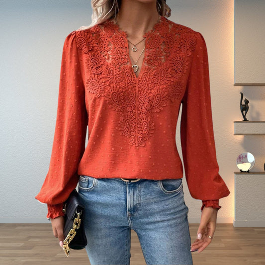 Lace V-Neck Blouse Women – Long Sleeve Swiss Dot Smocked Cuff Top