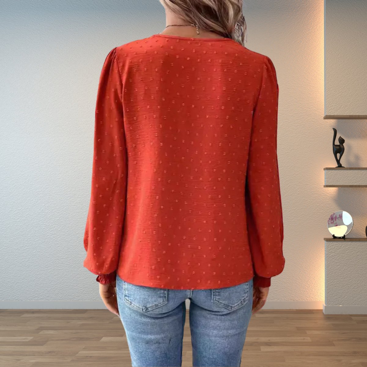 Lace V-Neck Blouse Women – Long Sleeve Swiss Dot Smocked Cuff Top