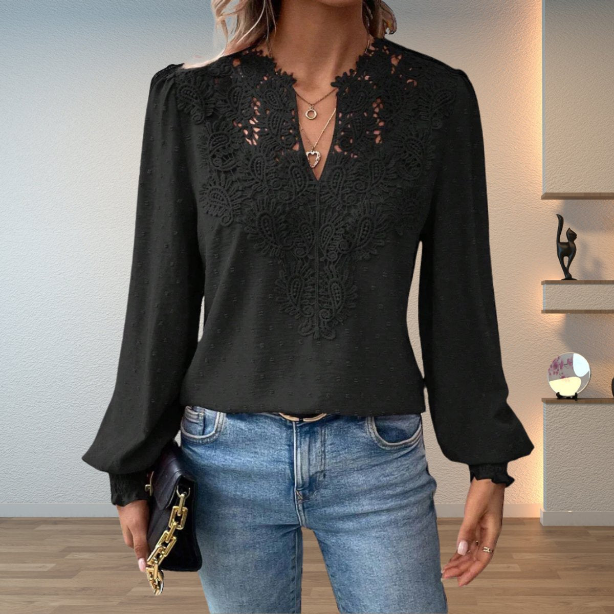 Lace V-Neck Blouse Women – Long Sleeve Swiss Dot Smocked Cuff Top