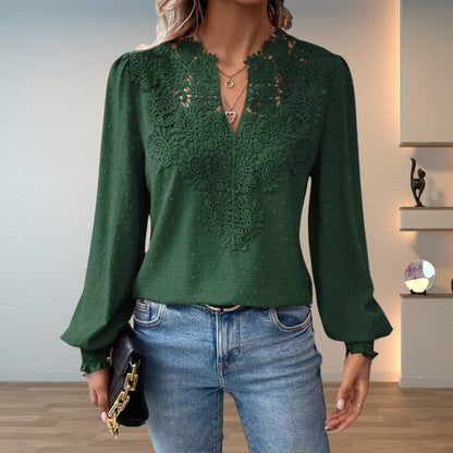Lace V-Neck Blouse Women – Long Sleeve Swiss Dot Smocked Cuff Top