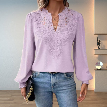 Lace V-Neck Blouse Women – Long Sleeve Swiss Dot Smocked Cuff Top