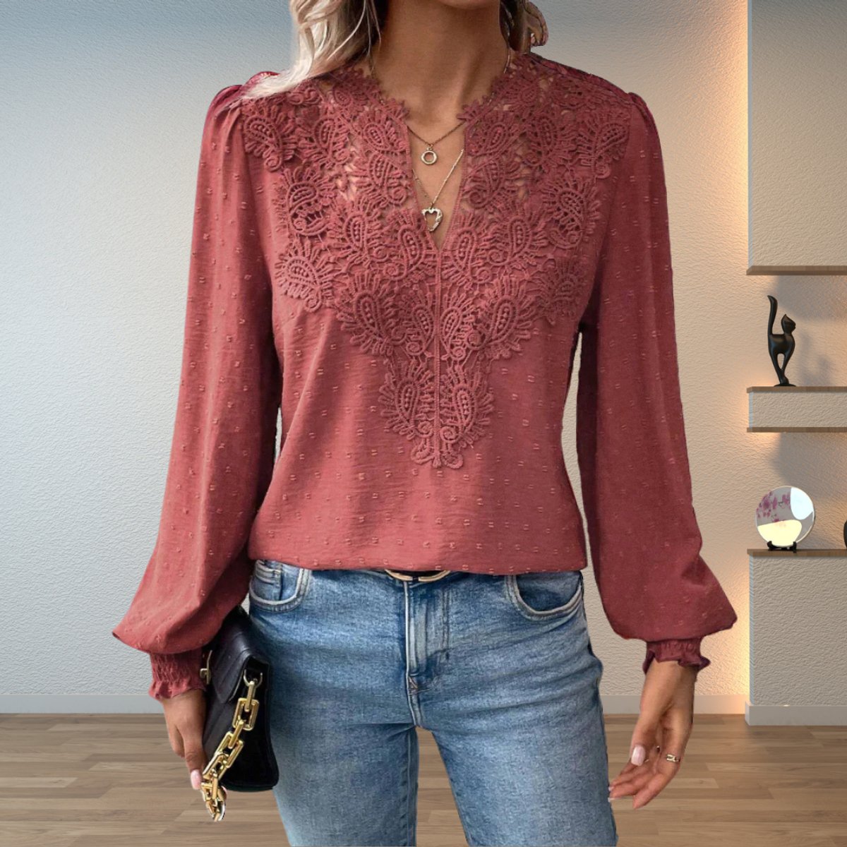 Lace V-Neck Blouse Women – Long Sleeve Swiss Dot Smocked Cuff Top