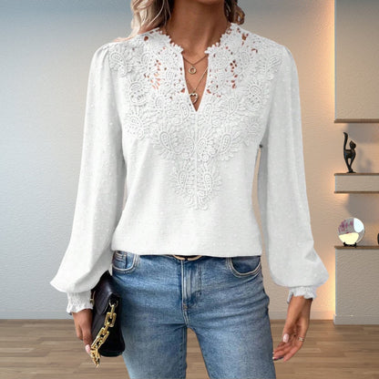 Lace V-Neck Blouse Women – Long Sleeve Swiss Dot Smocked Cuff Top