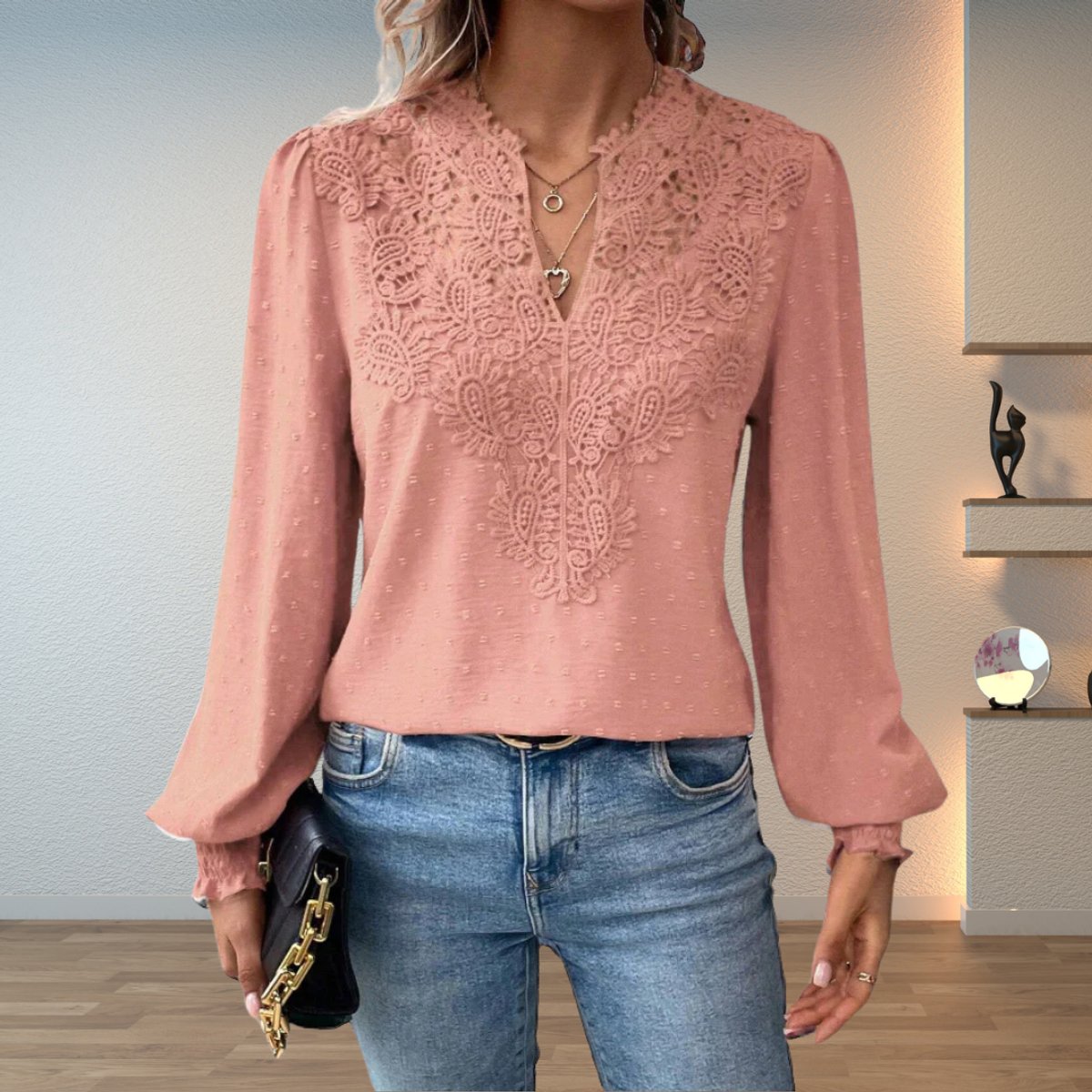 Lace V-Neck Blouse Women – Long Sleeve Swiss Dot Smocked Cuff Top
