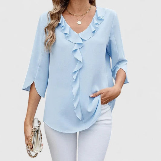 Ruffle Front V-Neck Blouse – Women's 3/4 Split Sleeve Top