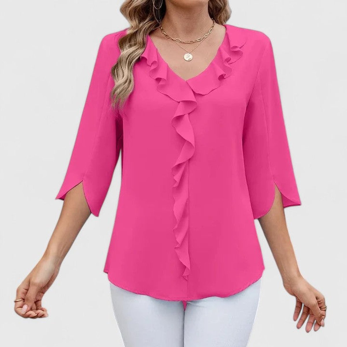 Ruffle Front V-Neck Blouse – Women's 3/4 Split Sleeve Top
