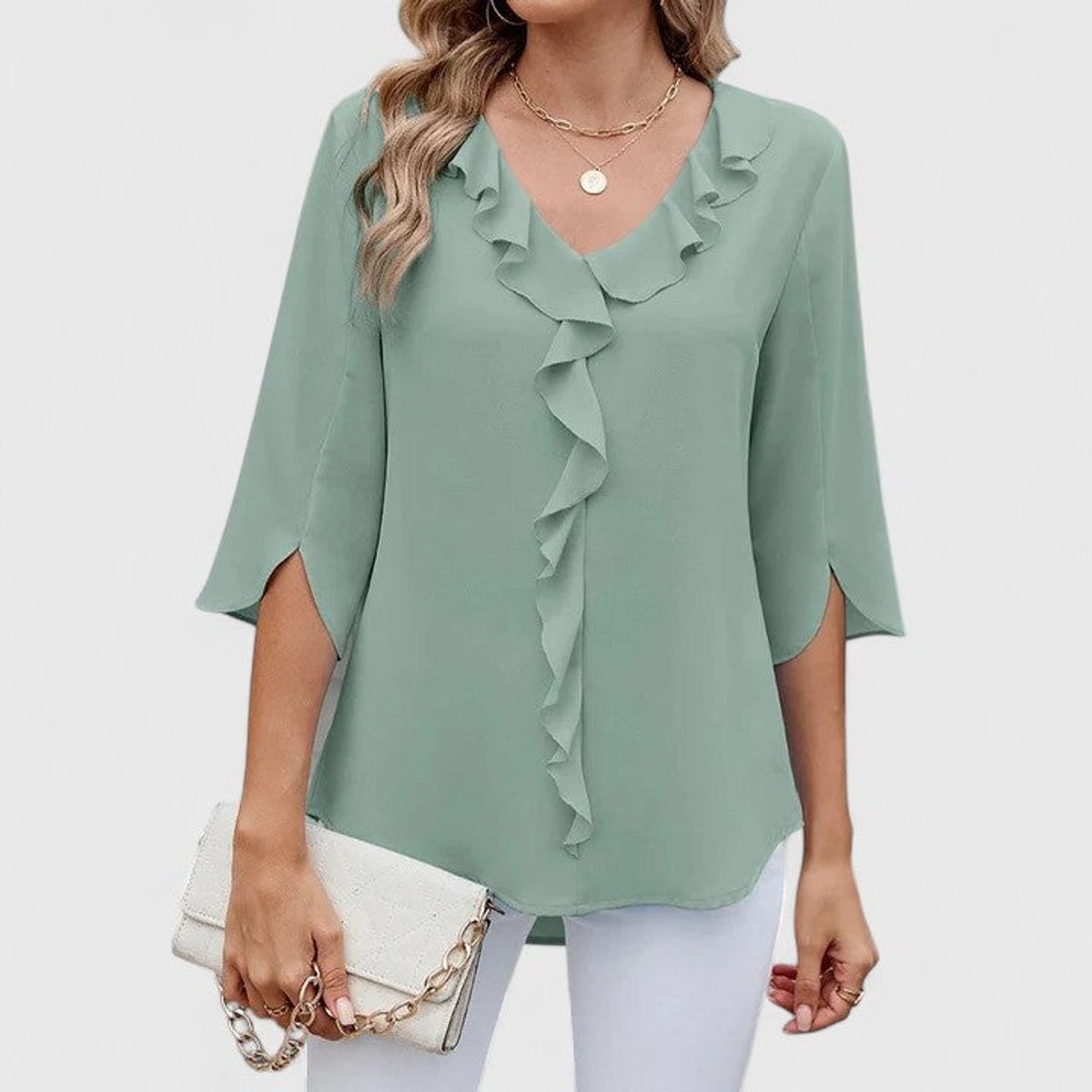 Ruffle Front V-Neck Blouse – Women's 3/4 Split Sleeve Top