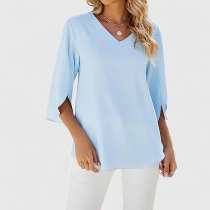 Ruffle Front V-Neck Blouse – Women's 3/4 Split Sleeve Top