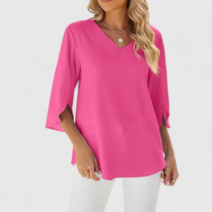 Ruffle Front V-Neck Blouse – Women's 3/4 Split Sleeve Top