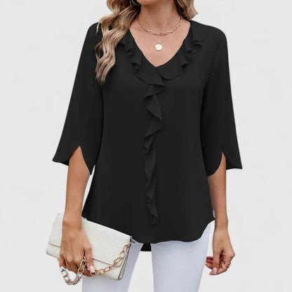 Ruffle Front V-Neck Blouse – Women's 3/4 Split Sleeve Top