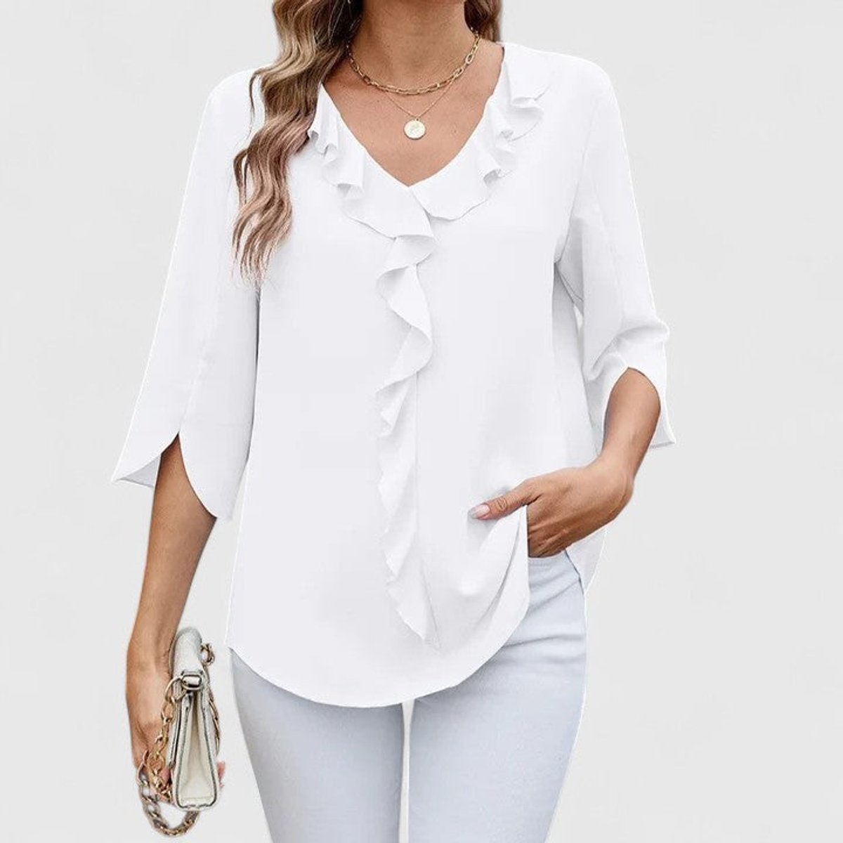 Ruffle Front V-Neck Blouse – Women's 3/4 Split Sleeve Top