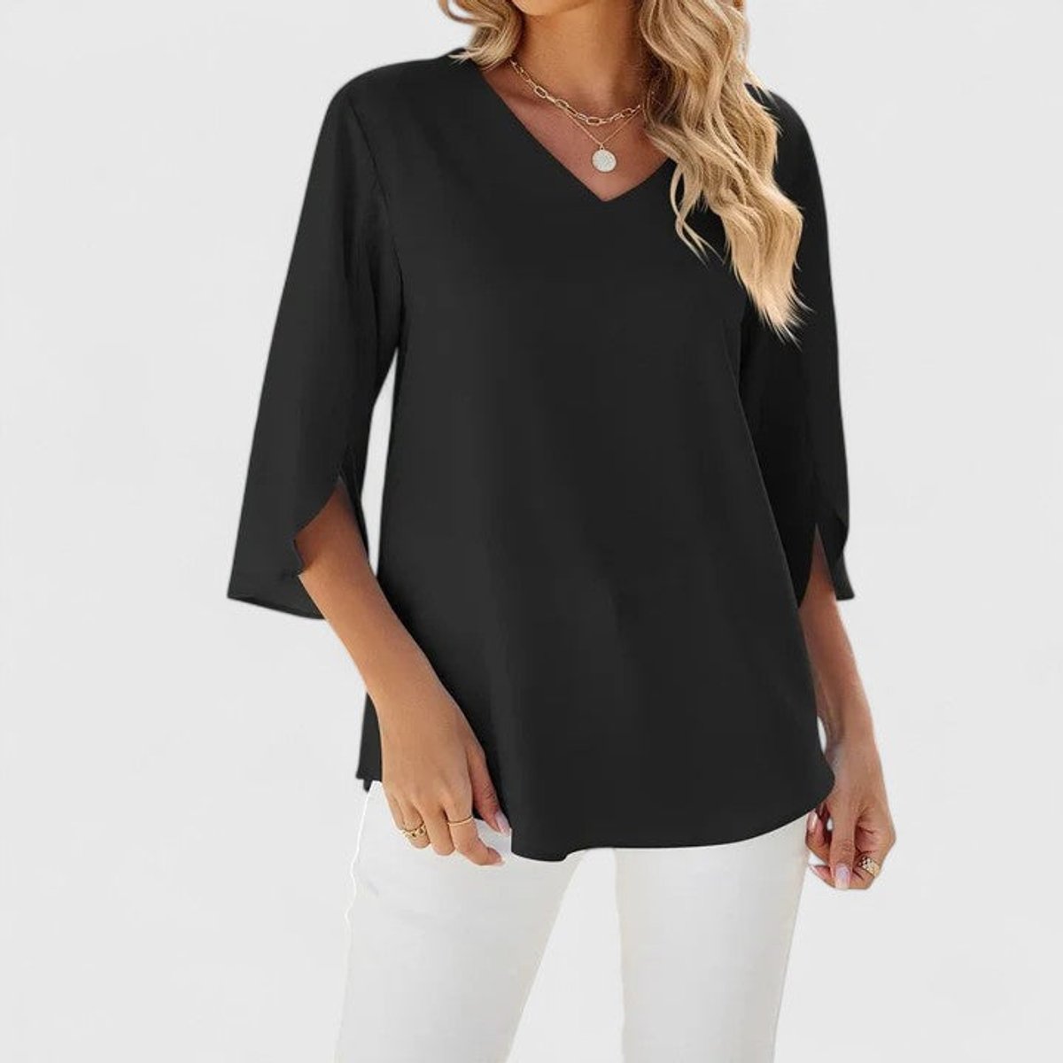 Ruffle Front V-Neck Blouse – Women's 3/4 Split Sleeve Top