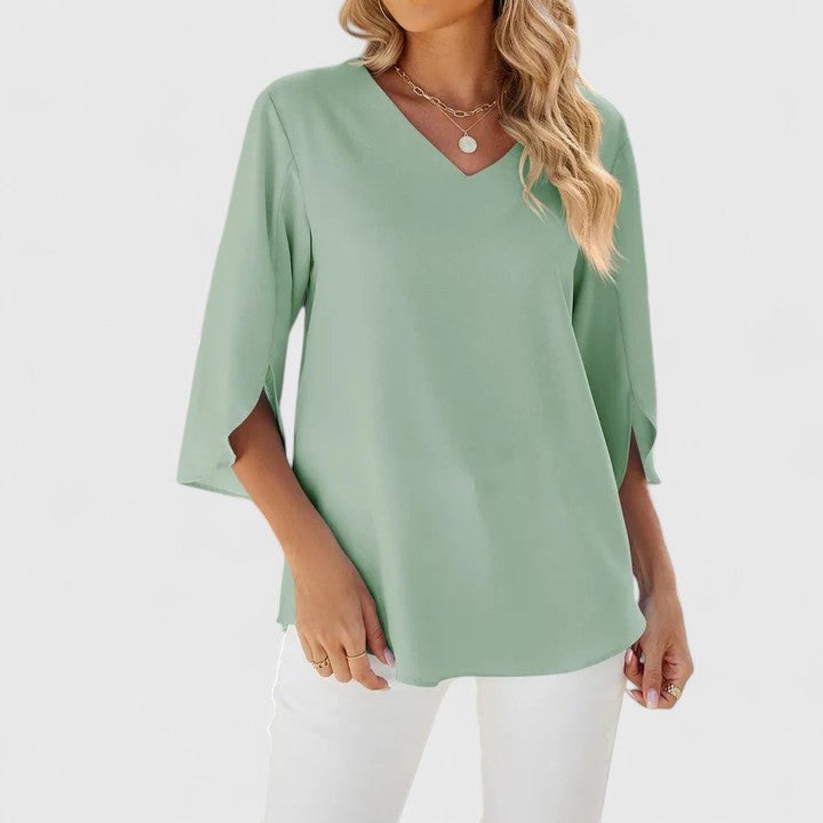 Ruffle Front V-Neck Blouse – Women's 3/4 Split Sleeve Top
