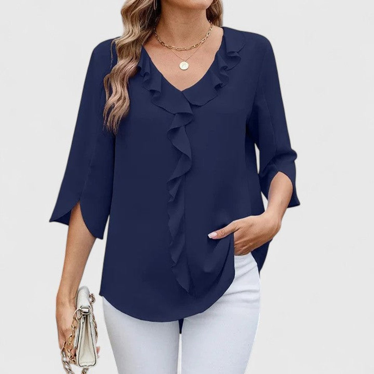 Ruffle Front V-Neck Blouse – Women's 3/4 Split Sleeve Top
