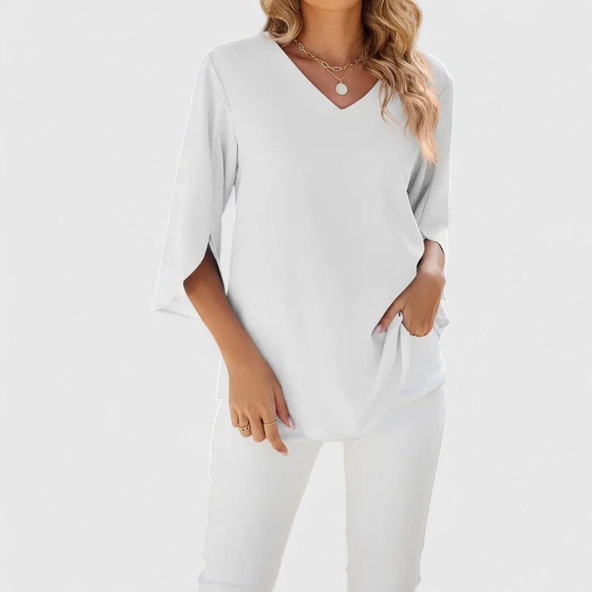 Ruffle Front V-Neck Blouse – Women's 3/4 Split Sleeve Top
