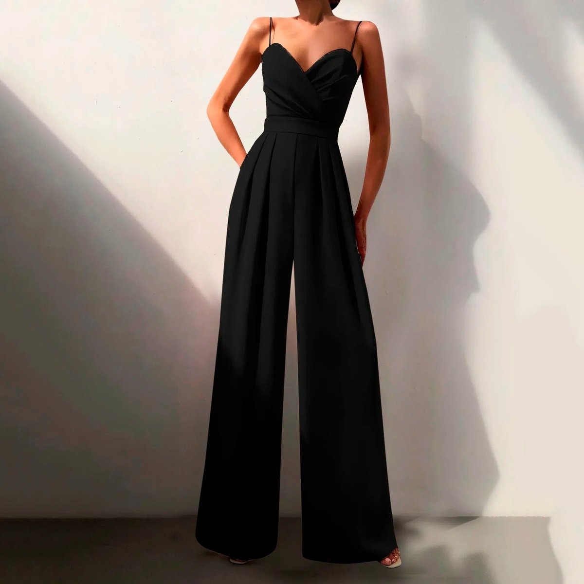 Wide-Leg Jumpsuit with Sweetheart Neckline – Pleated Spaghetti Strap Formal