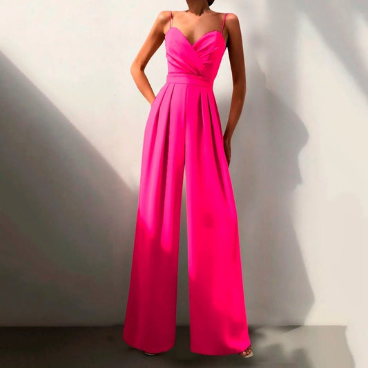 Wide-Leg Jumpsuit with Sweetheart Neckline – Pleated Spaghetti Strap Formal
