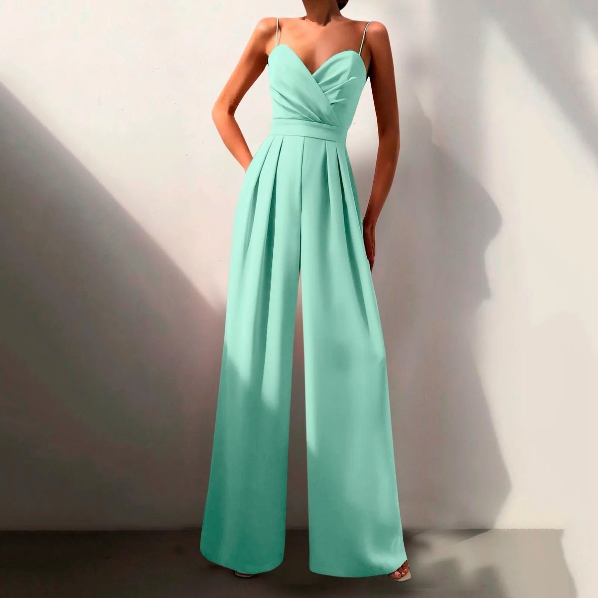 Wide-Leg Jumpsuit with Sweetheart Neckline – Pleated Spaghetti Strap Formal