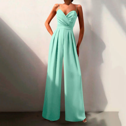 Wide-Leg Jumpsuit with Sweetheart Neckline – Pleated Spaghetti Strap Formal