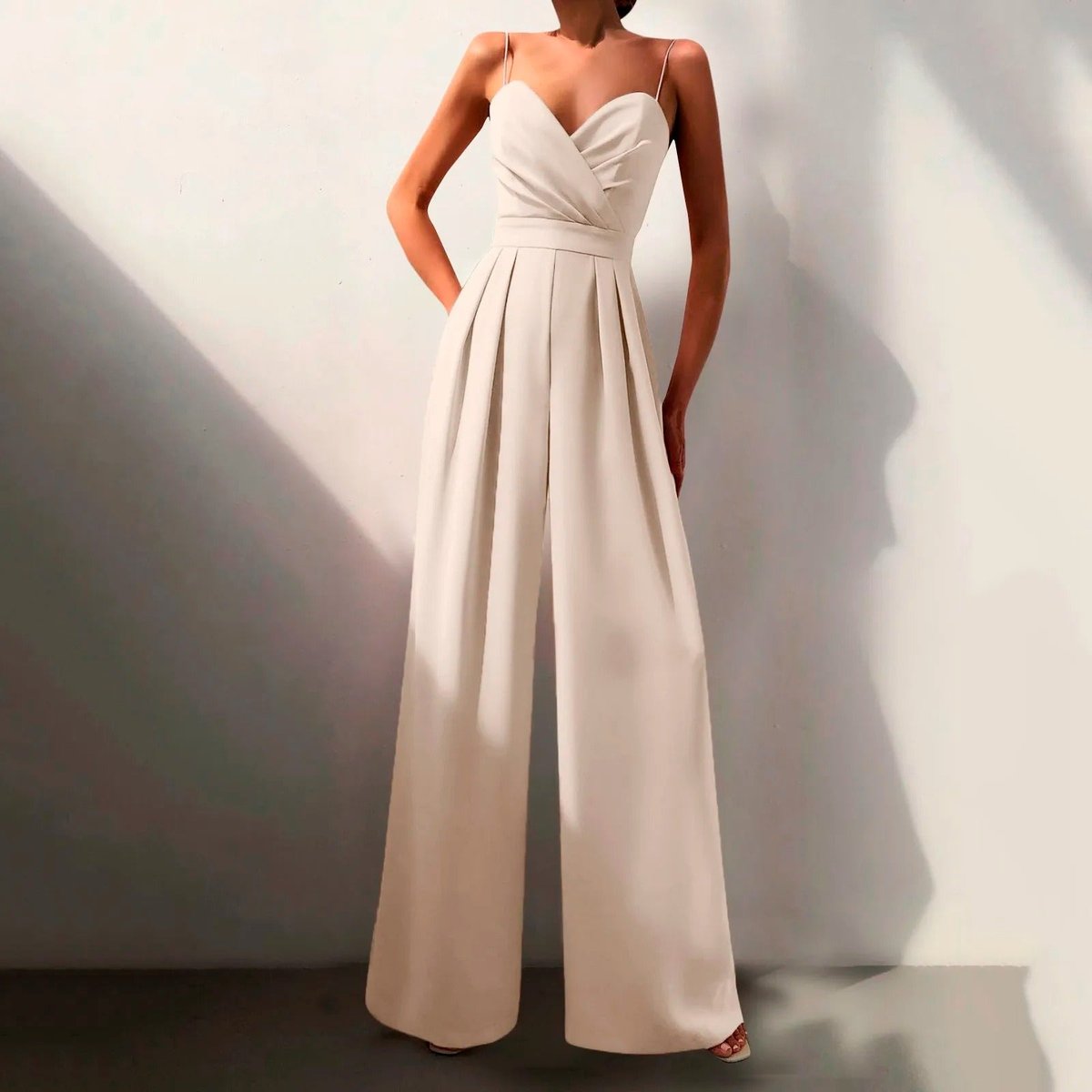 Wide-Leg Jumpsuit with Sweetheart Neckline – Pleated Spaghetti Strap Formal