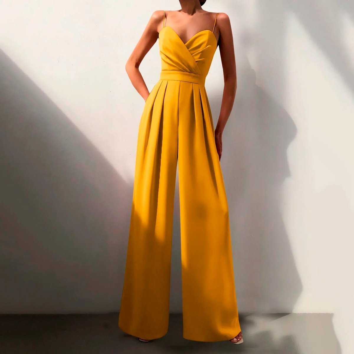 Wide-Leg Jumpsuit with Sweetheart Neckline – Pleated Spaghetti Strap Formal