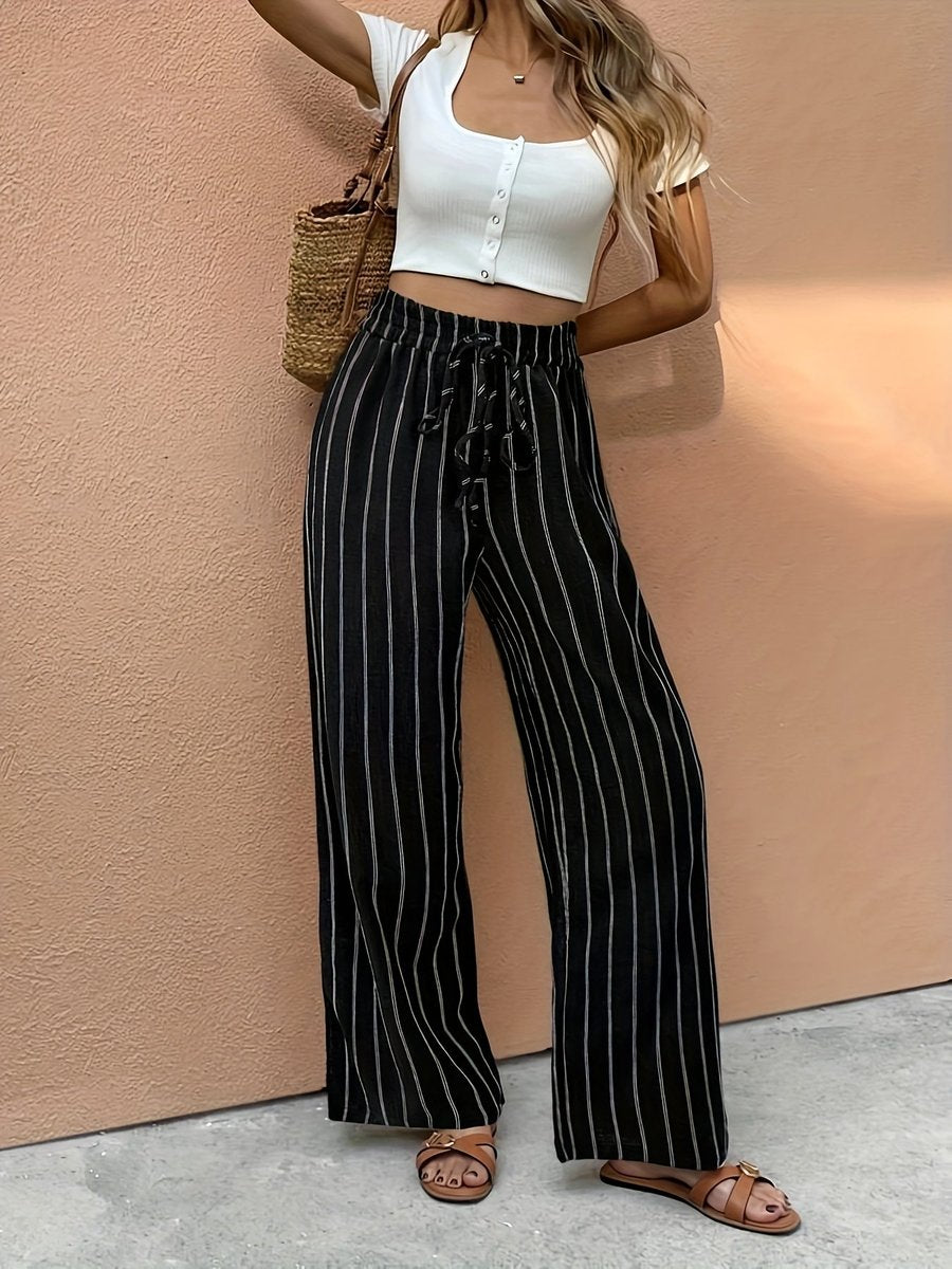 Striped Linen Wide-Leg Pants – High Waist Drawstring Full Length