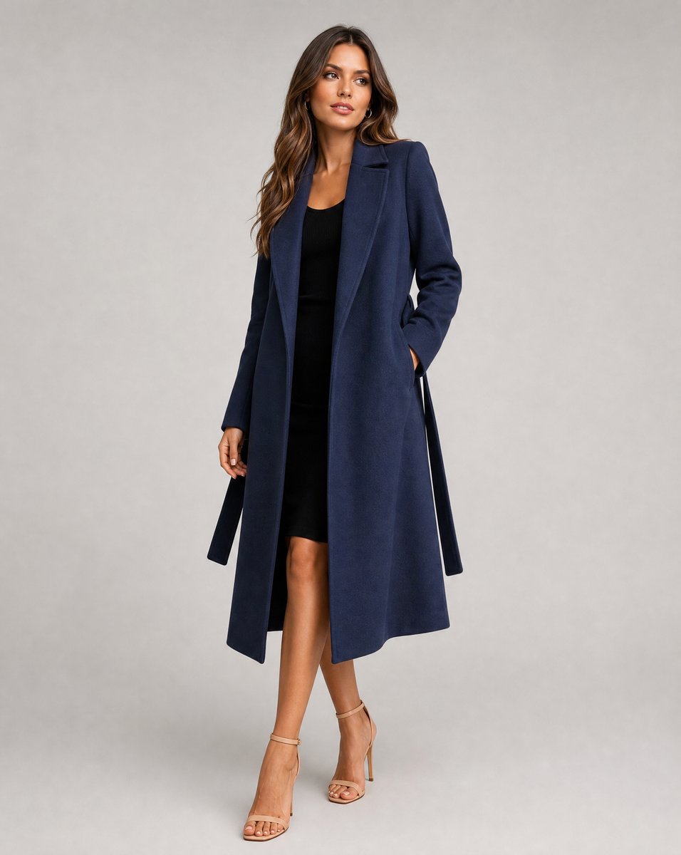 Wool Blend Belted Long Coat – Notched Lapel Maxi Coat Navy
