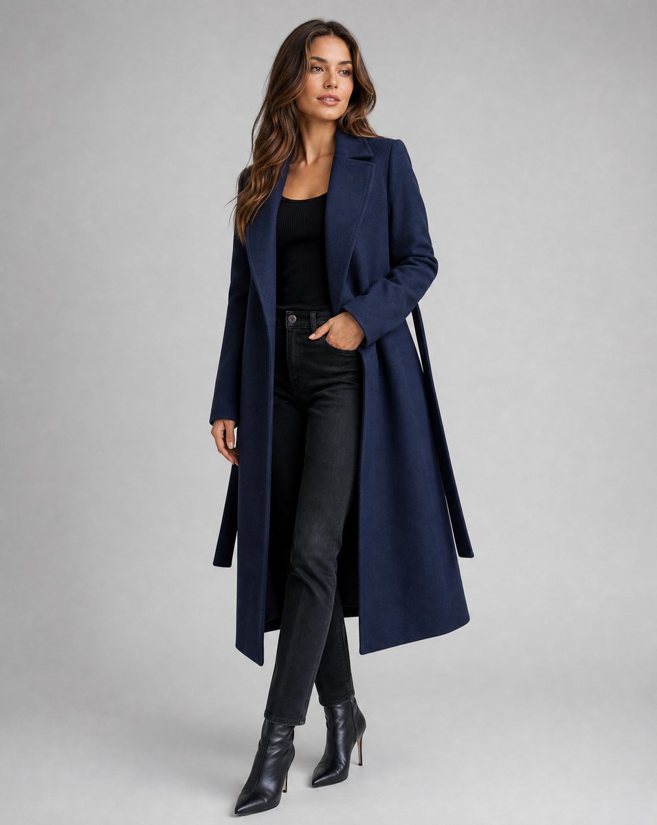 Wool Blend Belted Long Coat – Notched Lapel Maxi Coat Navy