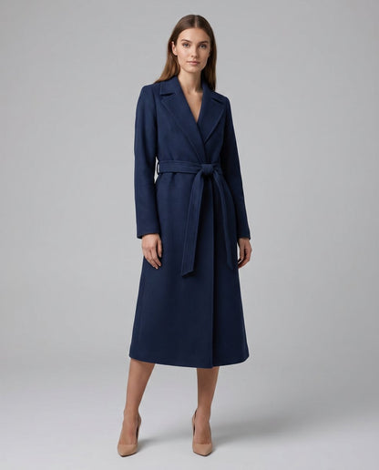 Wool Blend Belted Long Coat – Notched Lapel Maxi Coat Navy