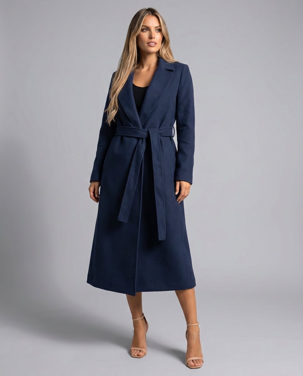 Wool Blend Belted Long Coat – Notched Lapel Maxi Coat Navy