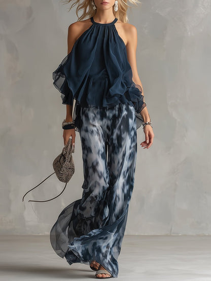 Halter Neck Ruffle Top Wide-Leg Pants Set – Navy Two Piece Outfit