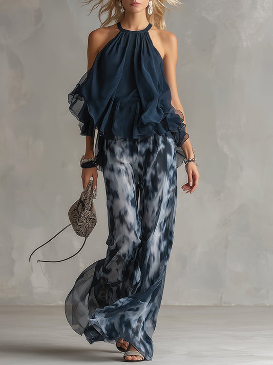 Halter Neck Ruffle Top Wide-Leg Pants Set – Navy Two Piece Outfit