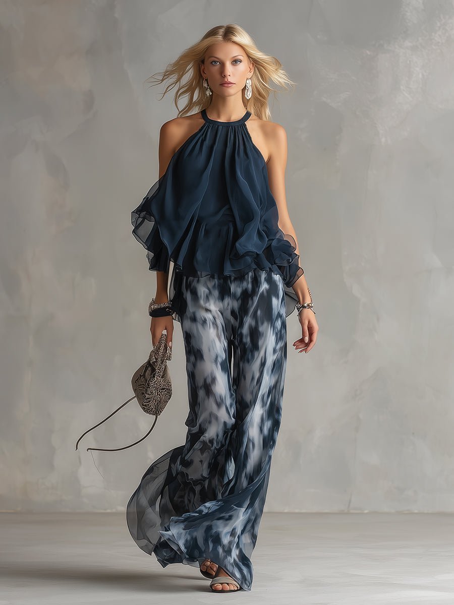 Halter Neck Ruffle Top Wide-Leg Pants Set – Navy Two Piece Outfit