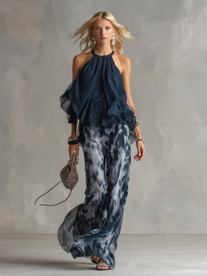 Halter Neck Ruffle Top Wide-Leg Pants Set – Navy Two Piece Outfit