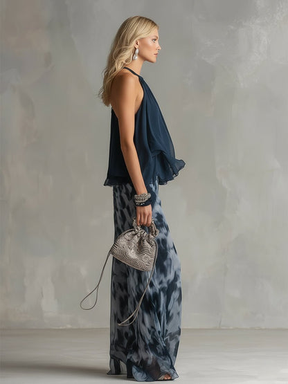 Halter Neck Ruffle Top Wide-Leg Pants Set – Navy Two Piece Outfit
