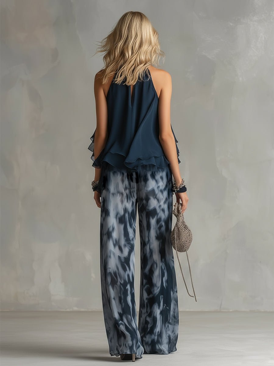 Halter Neck Ruffle Top Wide-Leg Pants Set – Navy Two Piece Outfit
