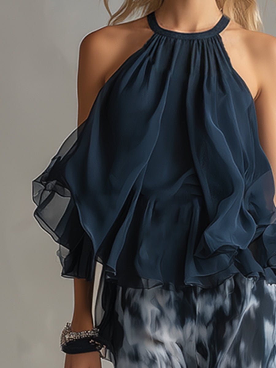 Halter Neck Ruffle Top Wide-Leg Pants Set – Navy Two Piece Outfit