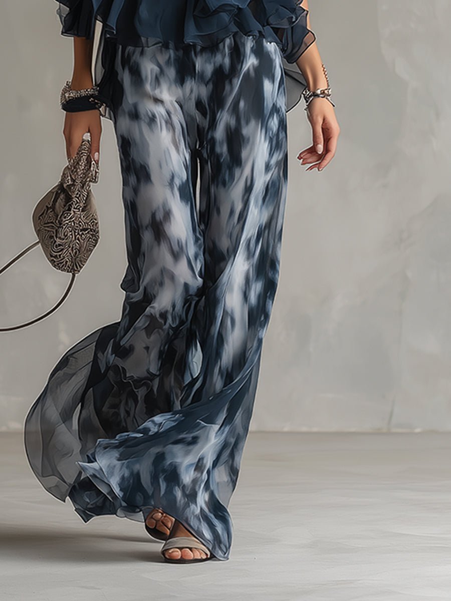 Halter Neck Ruffle Top Wide-Leg Pants Set – Navy Two Piece Outfit
