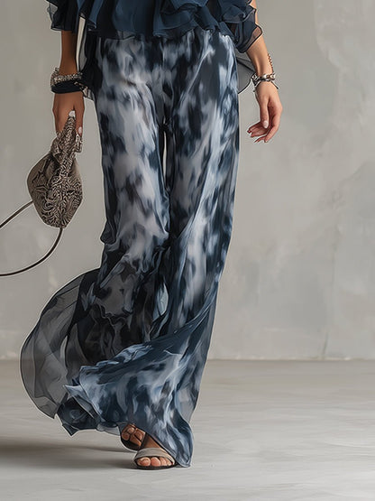 Halter Neck Ruffle Top Wide-Leg Pants Set – Navy Two Piece Outfit